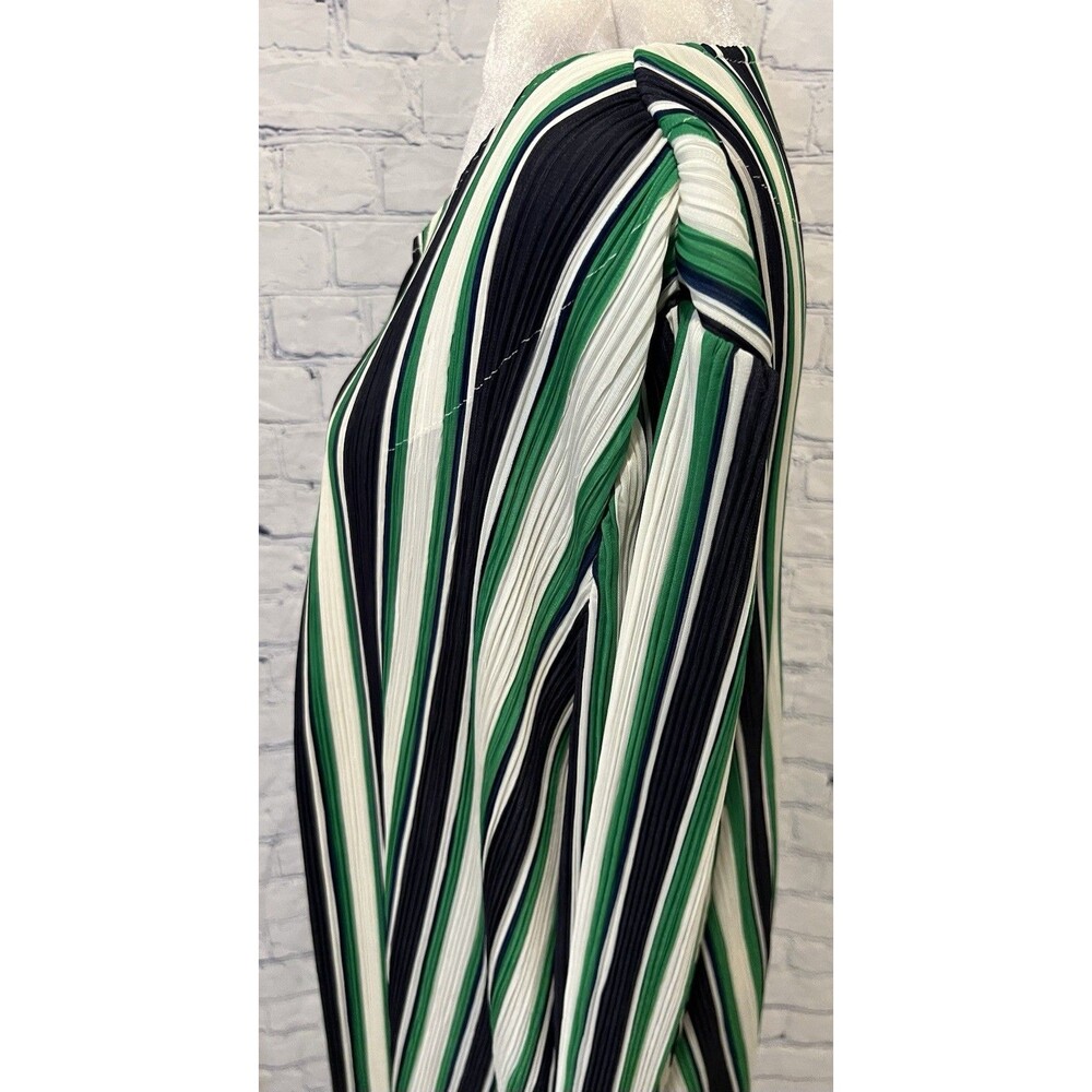 Chico's Travelers 3 XL 16-18 Green & Blue Striped Open Front Pleated Long Jacket - Picture 4 of 9